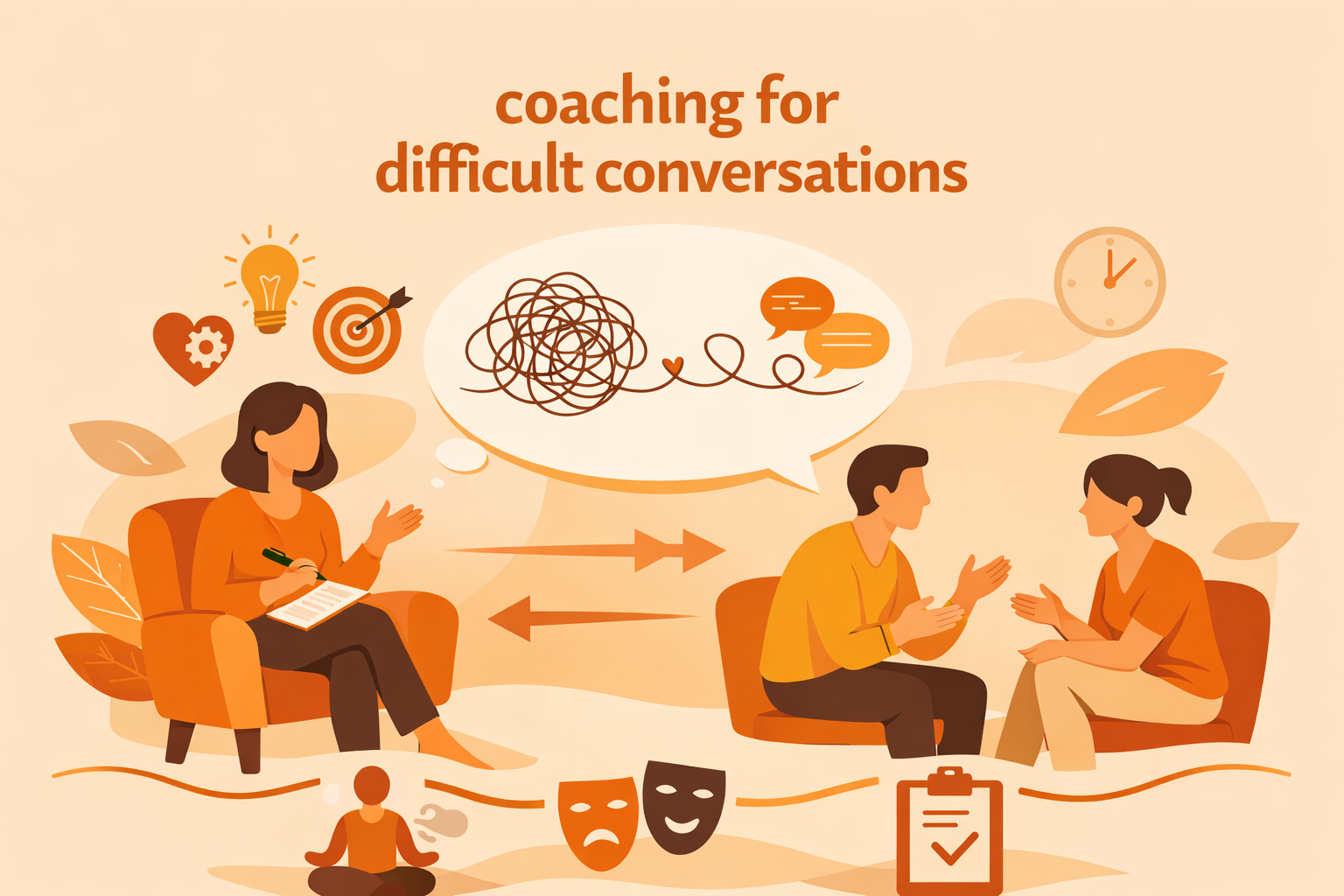 Flat-style illustration in warm tones showing a coaching session that supports people in having difficult conversations, moving from confusion to clarity.