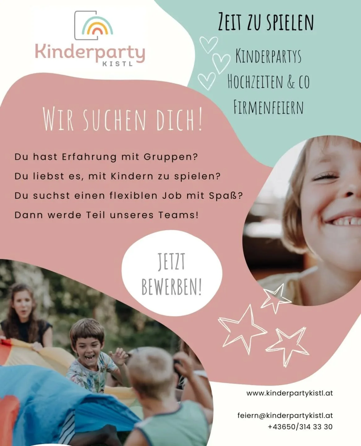 🎉 Wir suchen neue Spielbegleiter*innen! 🎉

Du hast Erfahrung mit Gruppen und liebst es, mit Kindern zu spielen &ndash; richtig zu spielen, nicht nur zu betreuen? Dann bist du bei uns genau richtig! 🥳

Beim Kinderparty-Kistl sorgen wir f&uuml;r unv