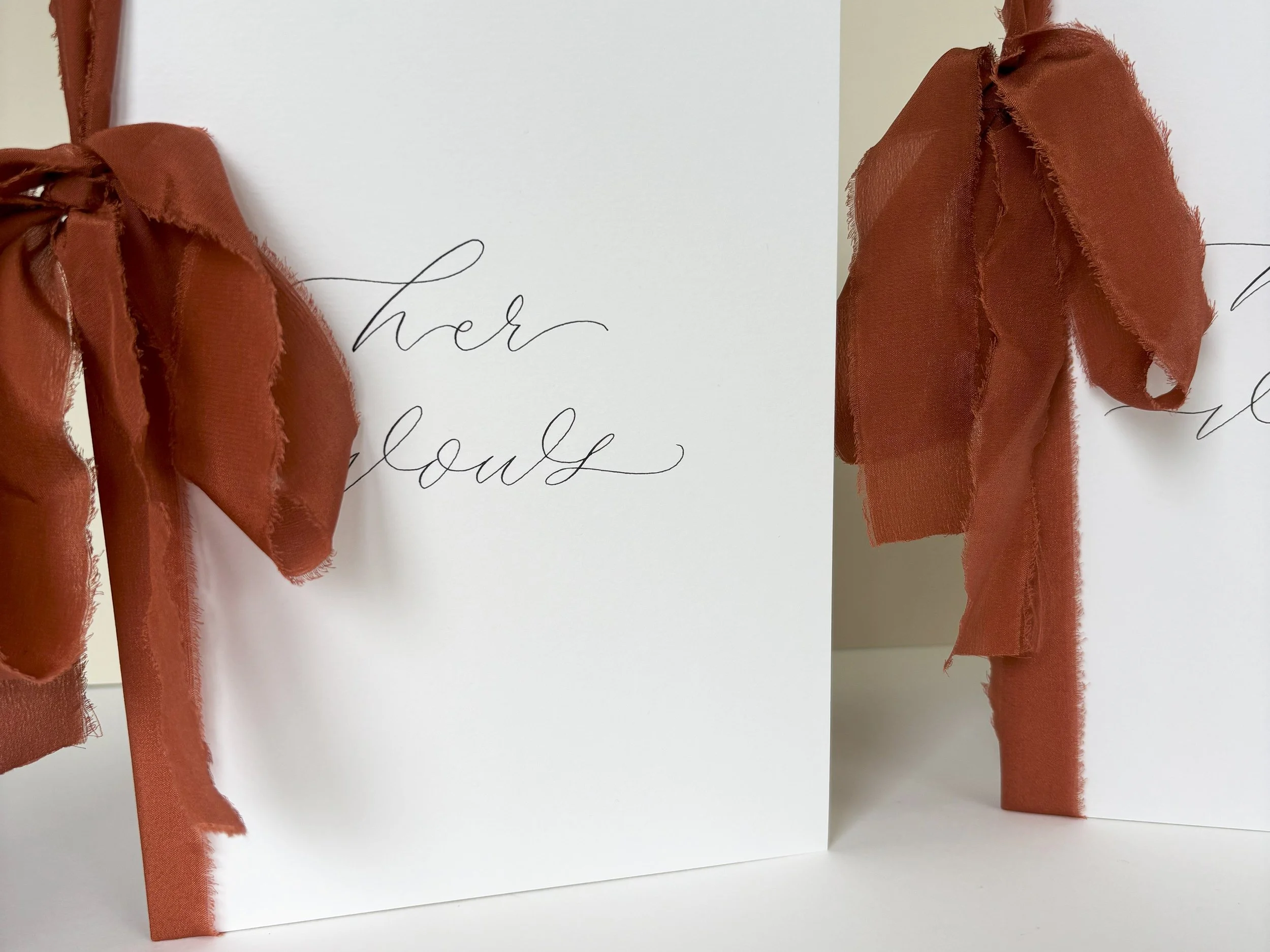 Minimalist His and Her Vow books, finished with handwritten modern calligraphy and burnt orange silk ribbon