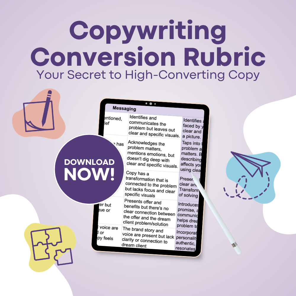 Stacy Braga Copywriting Rubric Screen shot on purple background