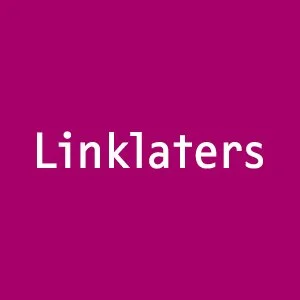 Pink background with the word 'Linklaters' in white text.