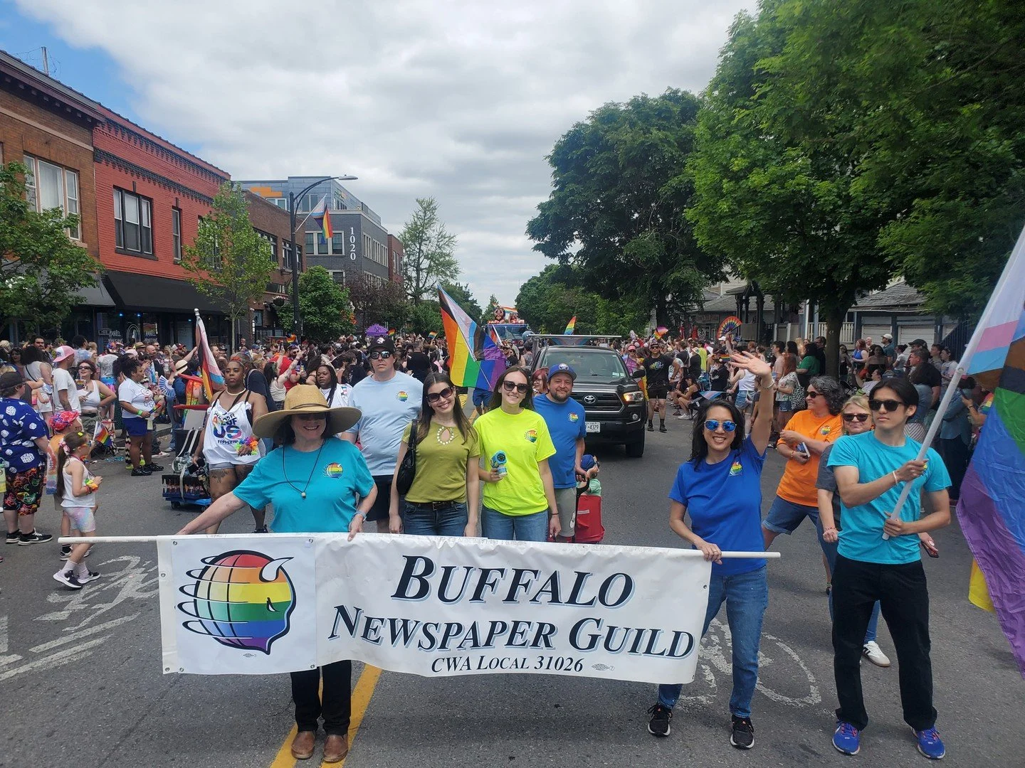 Buffalo Newspaper Guild members, along with their friends and family, were proud to march in this year's Buffalo Pride Parade and show our continued support for our diverse community, LGBTQ+ civil rights, and freedom of expression for all!