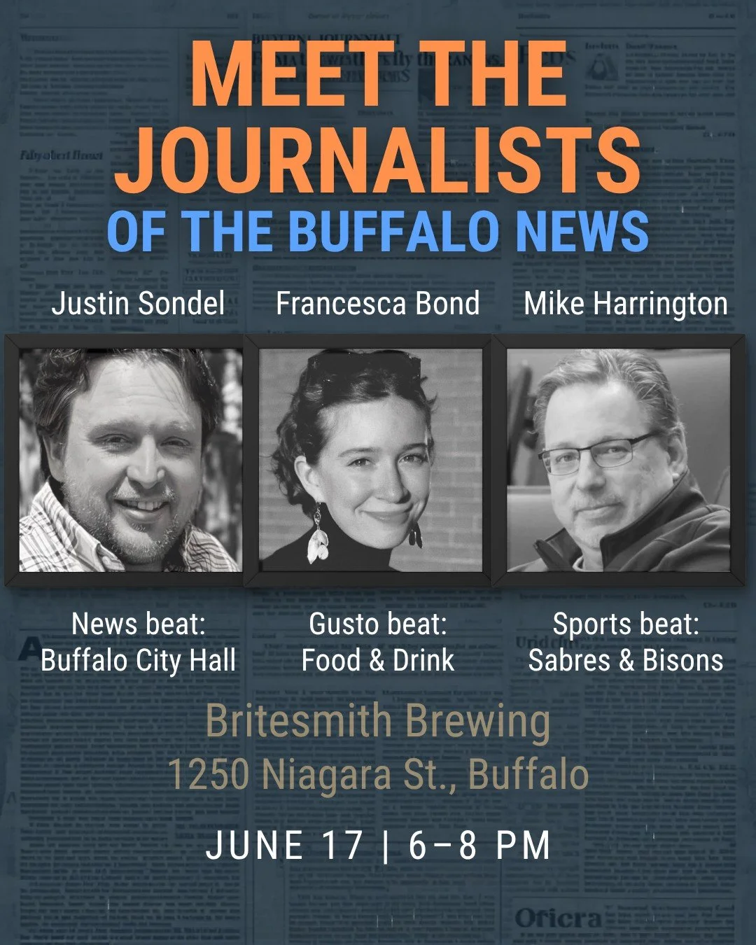 Wonder where @thebuffalonews journalists get their scoop or find their angle? Now is your chance to ask! Join us for a free and casual "Meet the Journalists" event at Britesmith Brewing in Buffalo on Wednesday evening, June 17. Enjoy light 