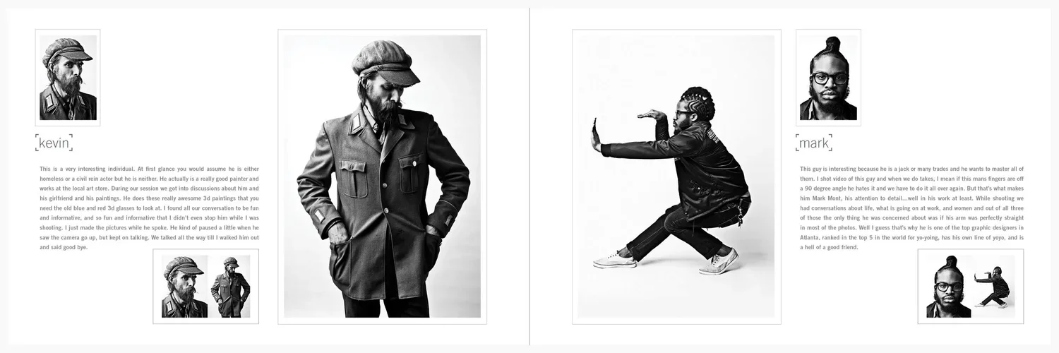 Two black and white photographs of men, one with a cap and beard looking to the side, the other with glasses and dreadlocks performing a squat pose. Text descriptions of each man beside their photos.