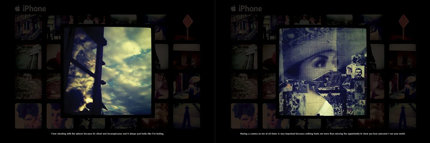 Side-by-side comparisons of smartphone screens displaying photographs, with surrounding collage of various images and captions underneath.