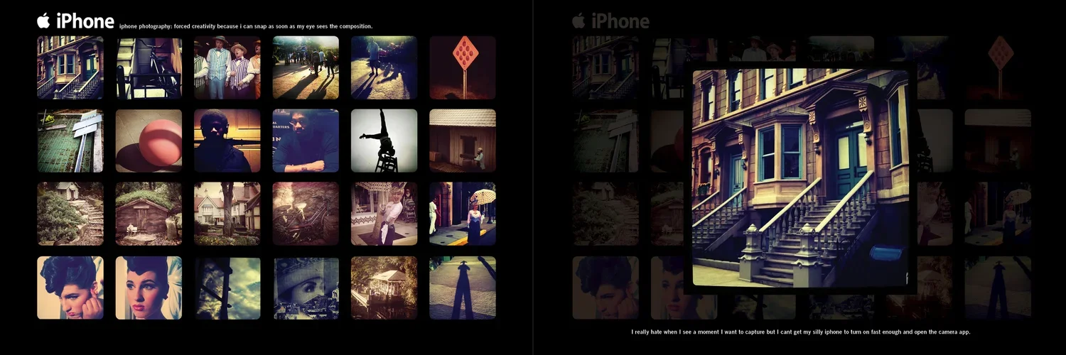 Grid of various photos, including people, objects, and buildings, with a close-up of a Victorian-style house's front steps in the main focus.