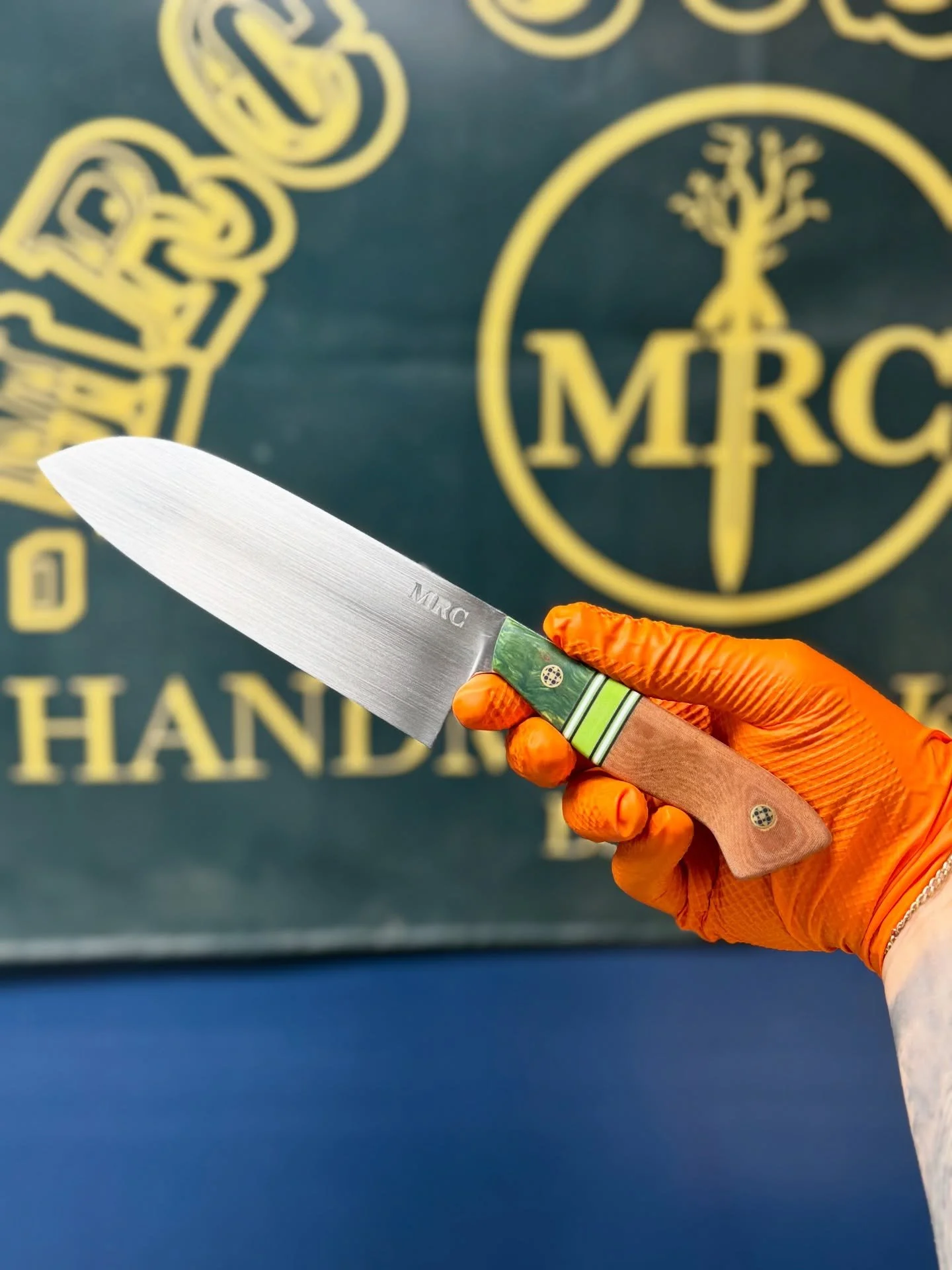 I&rsquo;m thinking it&rsquo;s Santoku season because I have been getting a lot of requests for them. And keep em coming!
.
Nitro-V Stainless from @nj_steelbaron 
Micartas, G10, and mystery green wood from @makermaterialsupply 
.
This was a custom ord