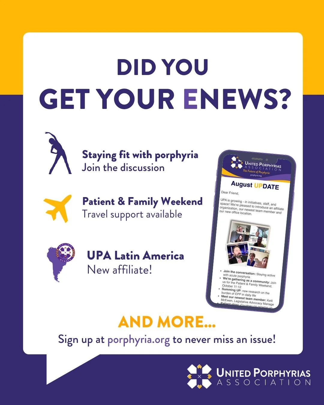 Check you inbox for the latest porphyria events, news and resources!

Not on the mailing list? Check out the latest eNews and subscribe at 🔗in bio (porphyria.org/sign-up)