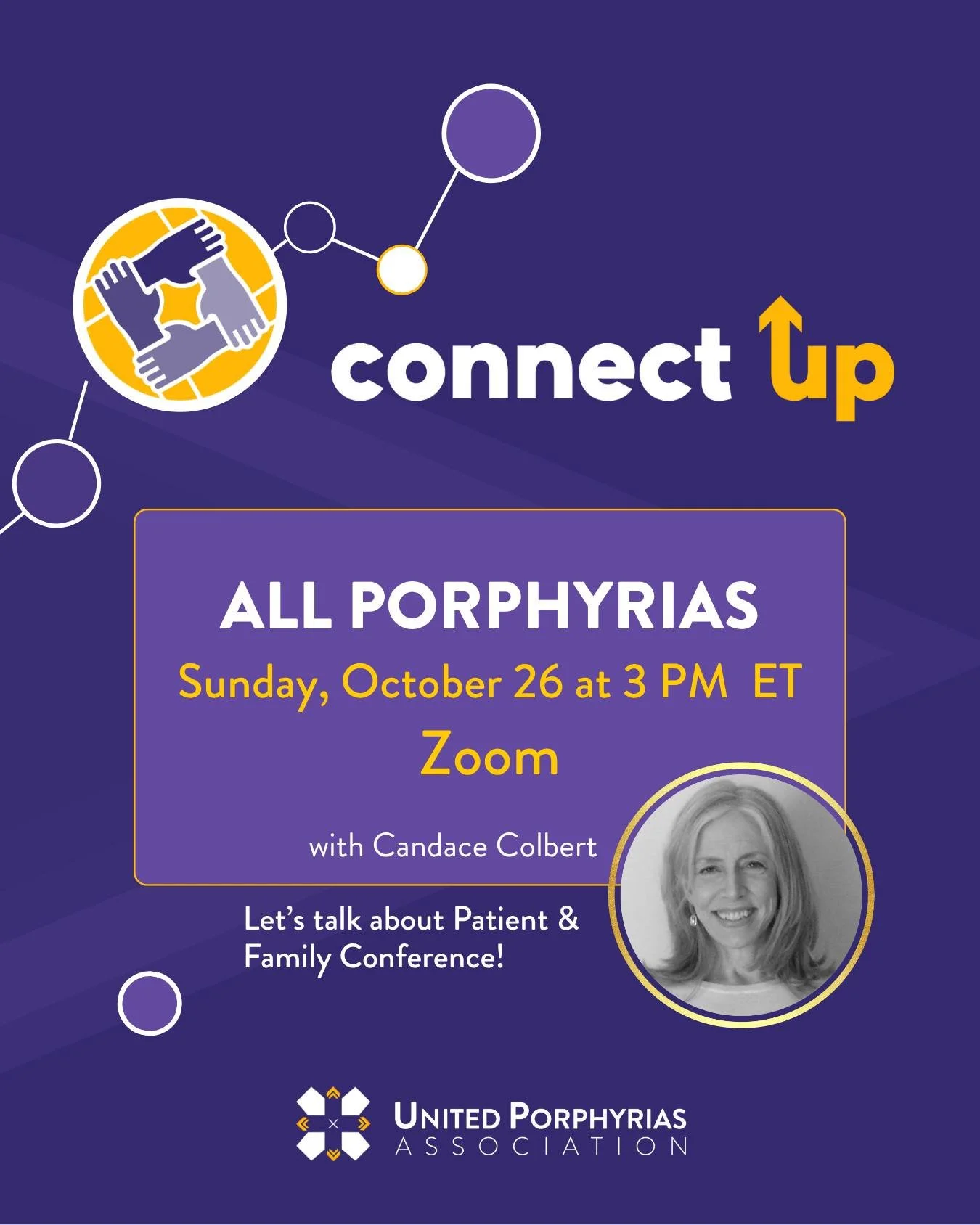 Join us for a special ConnectUp open to all porphyria types! 💜
We’ll be sharing stories, insights, and takeaways from the recent Patient & Family Conference — and we want to hear from YOU!
Let’s reconnect, reflect, and keep the