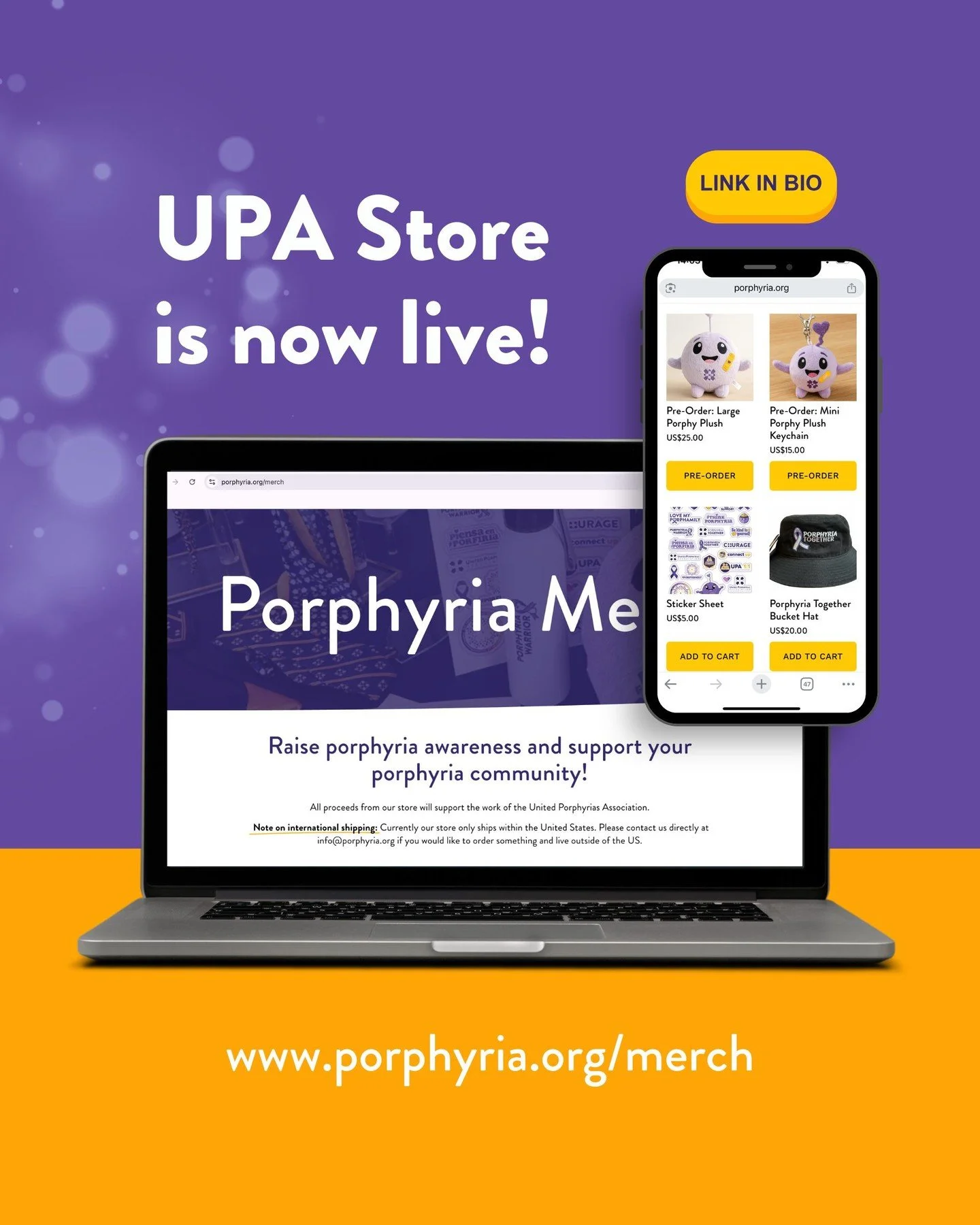 Our official UPA Store is now live! From stickers to bow ties &mdash; and yes, even Porphy 💜 is available now for pre-order!

Every purchase helps raise porphyria awareness and supports the work of the United Porphyrias Association.

👉 Check it out