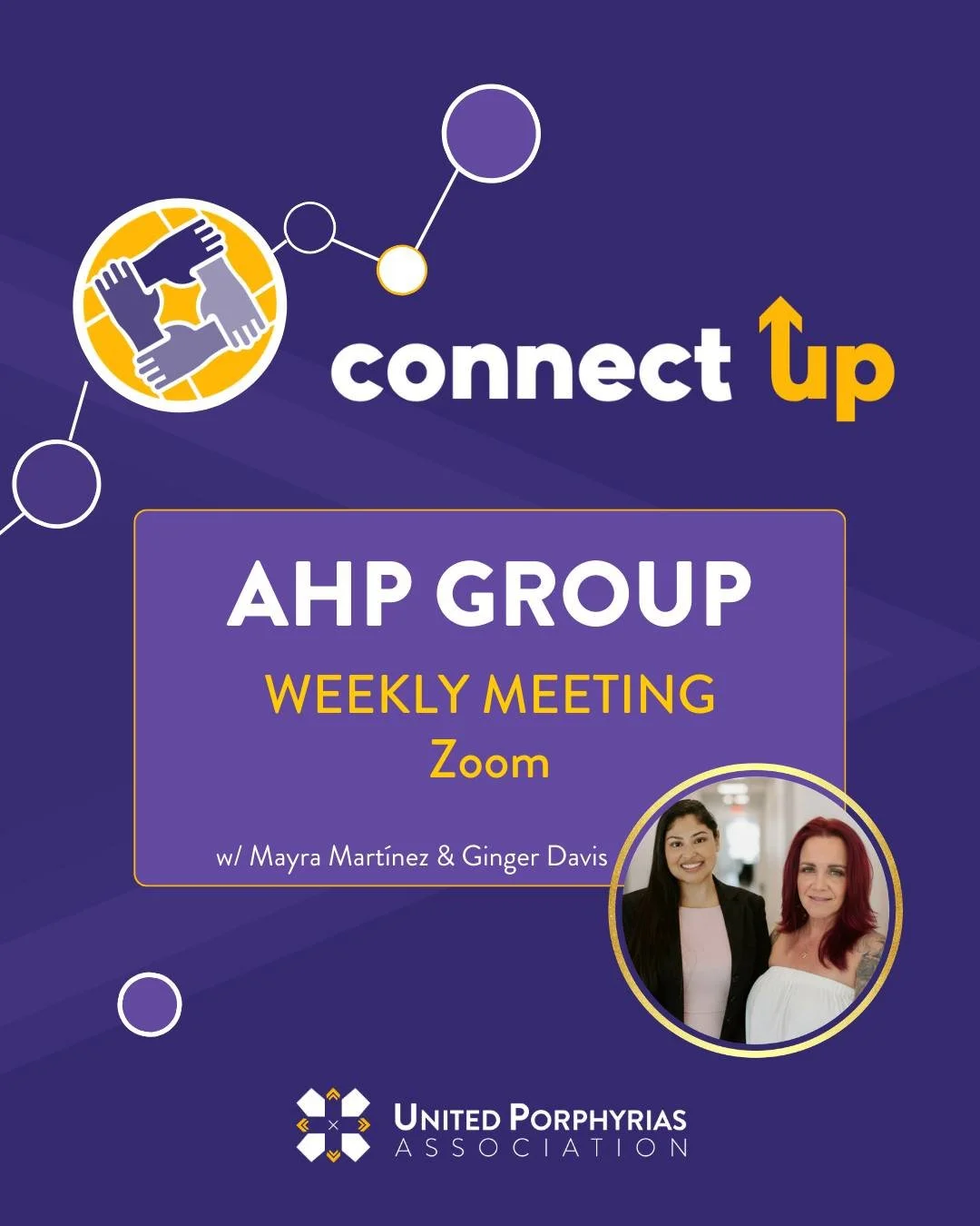 Weekly AHP ConnectUp REMINDER 💜

Join us tomorrow at 1:30 PM ET for our weekly ConnectUp for those living with Acute Hepatic Porphyria (AHP), moderated by Mayra and Ginger, both living with AIP and bringing lived experience, understanding, and peer 