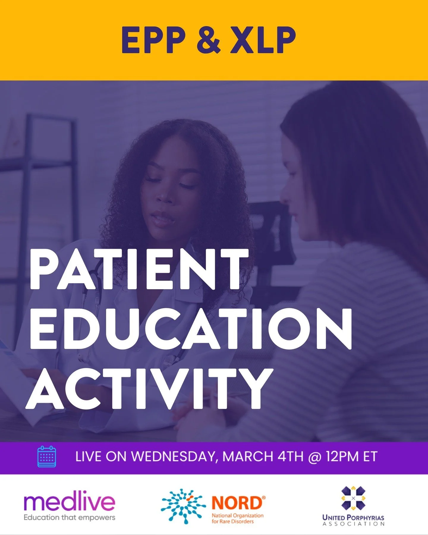 Join us on @medliveofficial , in partnership with @nord_rare , for a patient education program focused on living with EPP or XLP and understanding FDA approved treatment options. 
Hear from a physician, a community advocate, and someone living with E