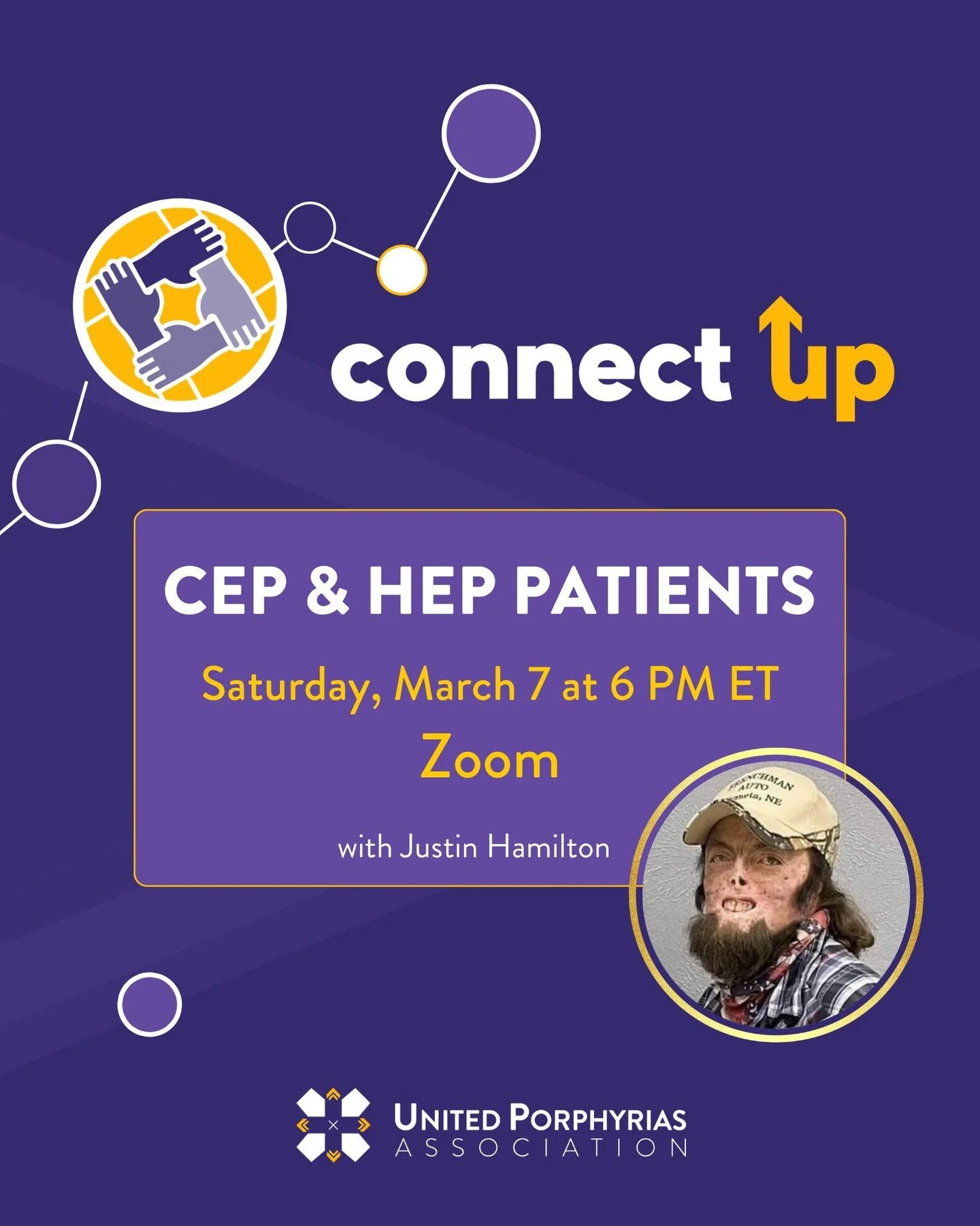 Join us this Saturday, March 7 at 6:00 PM ET for our next CEP &amp; HEP ConnectUp moderated by the incredible Justin Hamilton, who lives with Congenital Erythropoietic Porphyria (CEP).

This is a welcoming space to connect with others who understand 