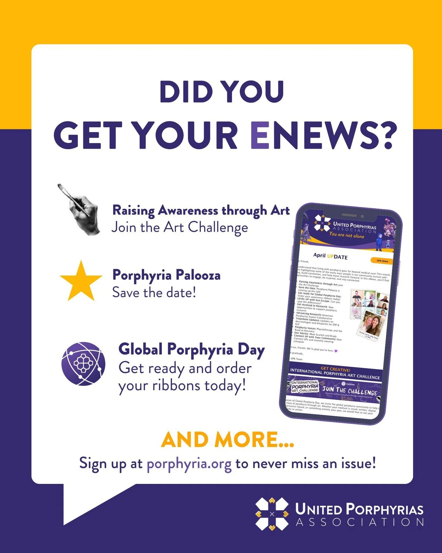 Our latest eNews is out! Have you seen it yet? 👀

Inside you&rsquo;ll find:
🎨 Join our Art Challenge
🌍 Get ready for Global Porphyria Day
☀️ Sun Escape is coming
💊 Treatment updates
&hellip;and more

👉 Check it out at the link in bio and don&rsq