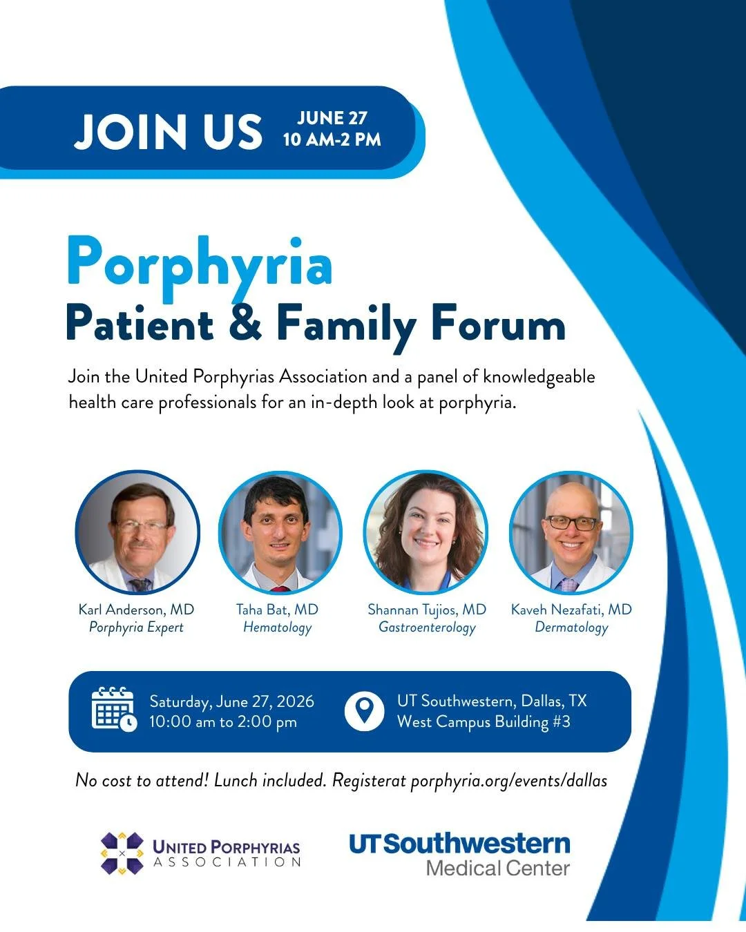 Join us in Dallas for the UT Southwestern Porphyria Patient &amp; Family Forum!🙌

June 27, join UPA and a panel of porphyria experts for a day of education, discussion, and connection. Topics will include:

🧬 Porphyria causes and triggers
☀️ Managi