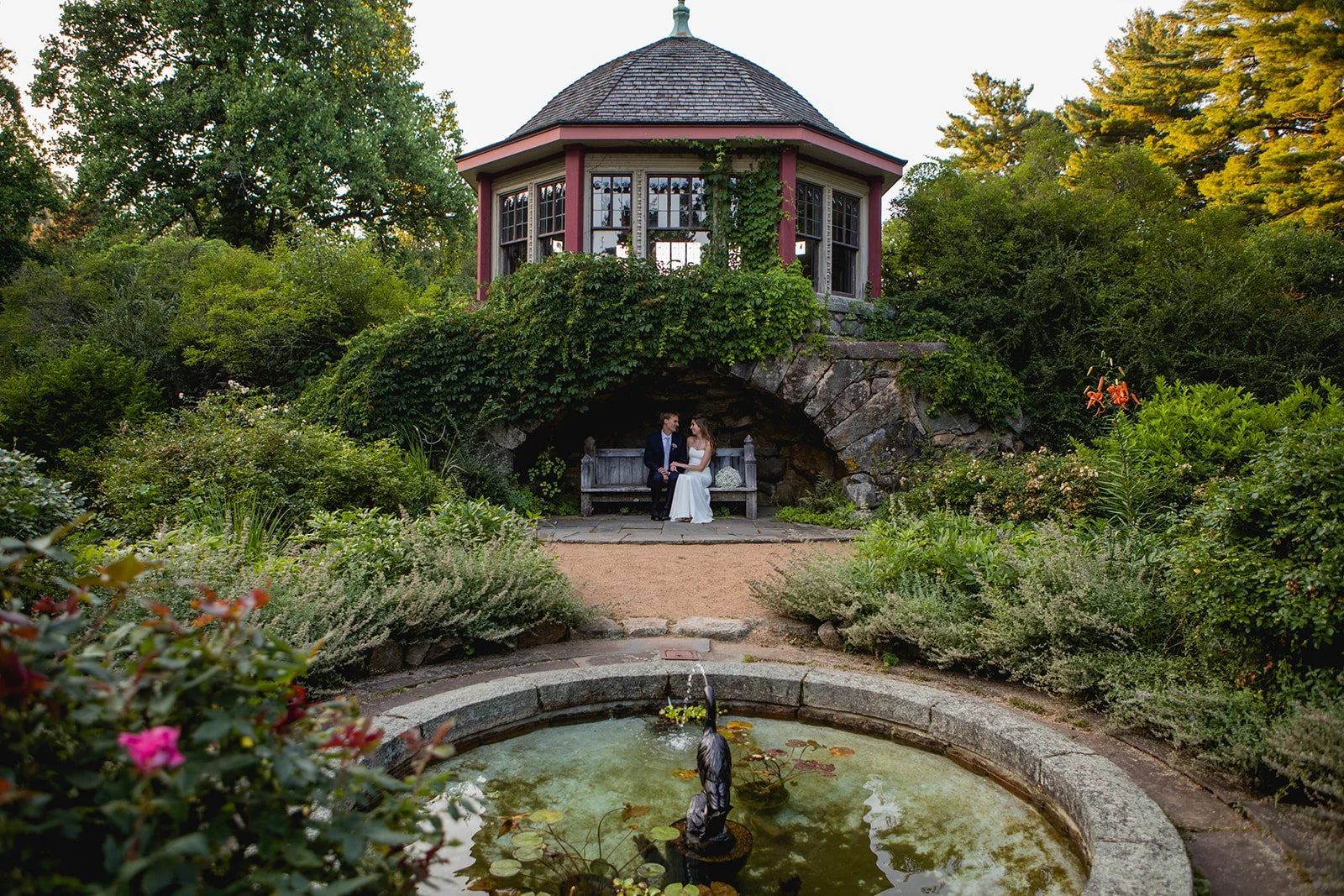 Bride and groom portrait in the garden at Estate at Moraine Farm in Beverly, Massachusetts