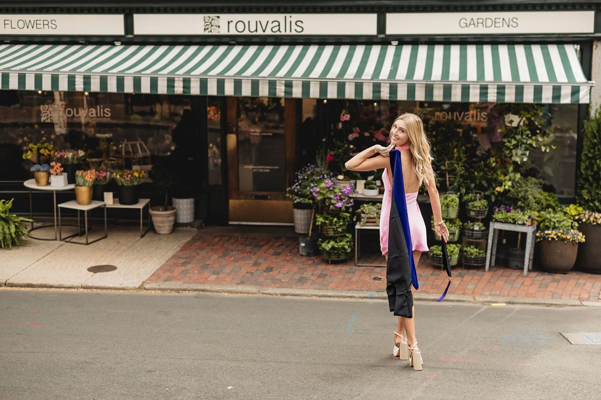 Senior portrait session on a cobblestone street in Boston