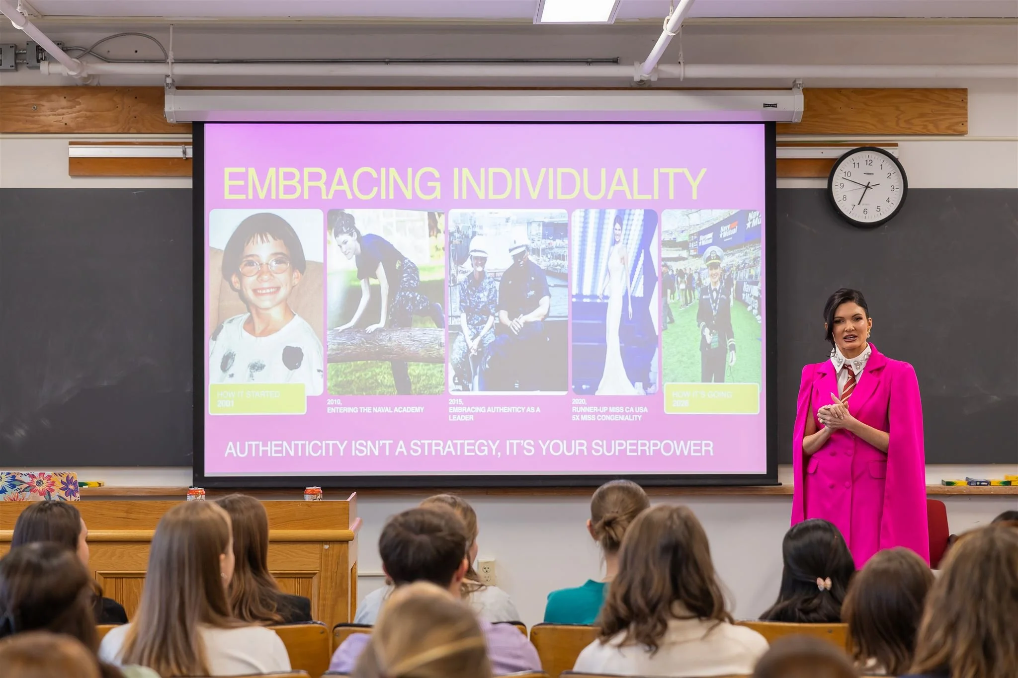 Harvard portrait photography of women’s leadership speaker in pink suit