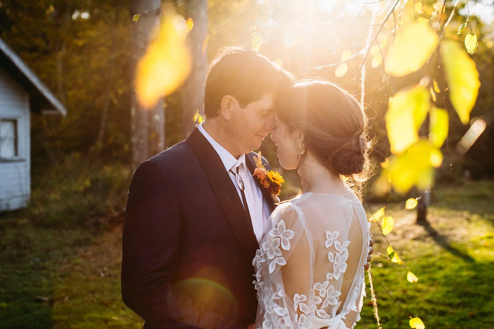 Intimate New England backyard wedding couple portraits
