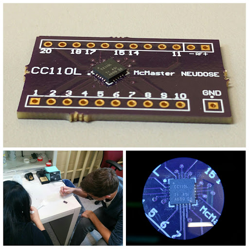 Top&nbsp;The circuit board after soldering.&nbsp;Bottom left&nbsp;Erica and Marc reflow soldering.&nbsp;Bottom right&nbsp;The transceiver after soldering as seen from a stereo microscope (10x).