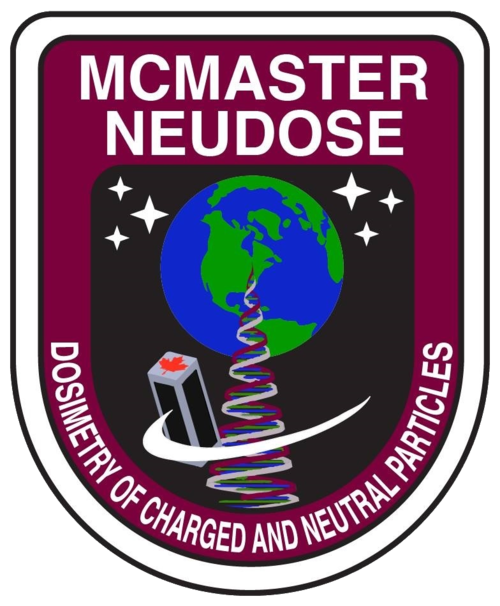 A badge with the text 'McMaster Neudose' at the top, an illustration of Earth, a DNA helix, and a battery with a maple leaf, and the words 'Dossier of Charged and Neutral Particles' at the bottom.