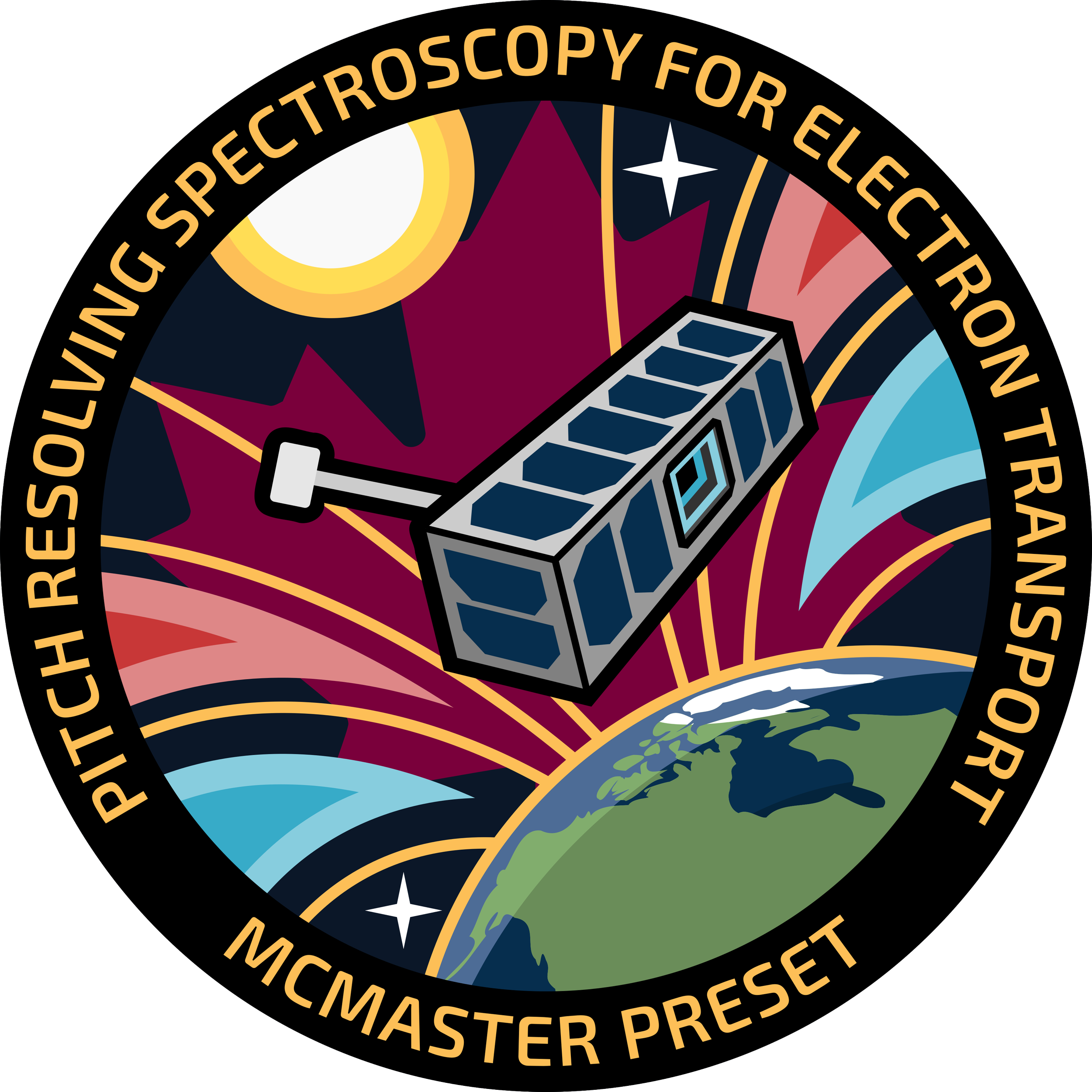 Patch design for PIT H RESSOURCING SPECTROMETER FOR ELECTRON TRANSPORT MCMASTER PRESET, featuring a satellite orbiting Earth with colorful abstract background and stars.