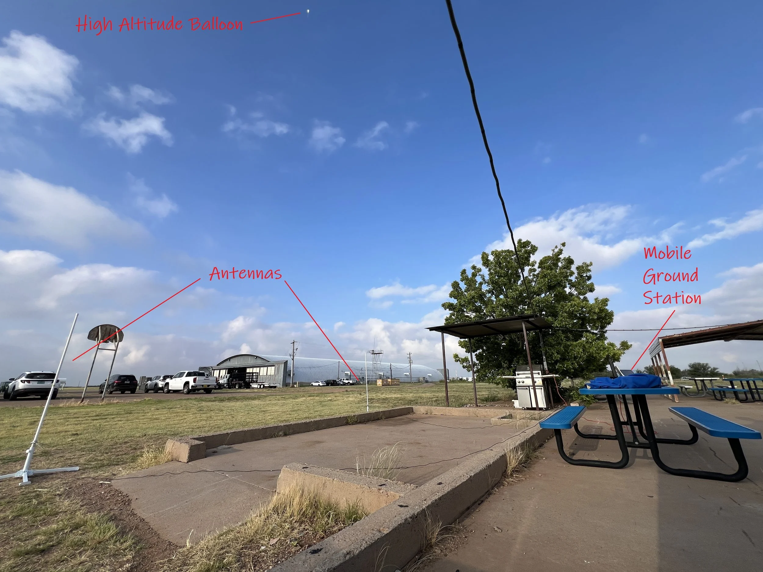Open outdoor area with a high altitude weather balloon in the sky, a row of parked cars near a building, antennas on poles, a large green tree, and a mobile ground station with a blue tarp-covered equipment under a shelter, with a picnic table nearby.