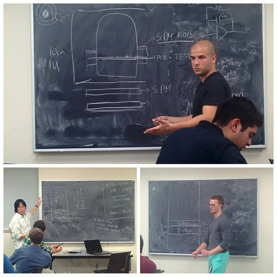 NEUDOSE is working hard! Not only do we learn from Dr. Hanu, we also learn from each other! Here we have Jimmy and Mitchell outlining mass and volume requirements for different subsystems of the satellite.