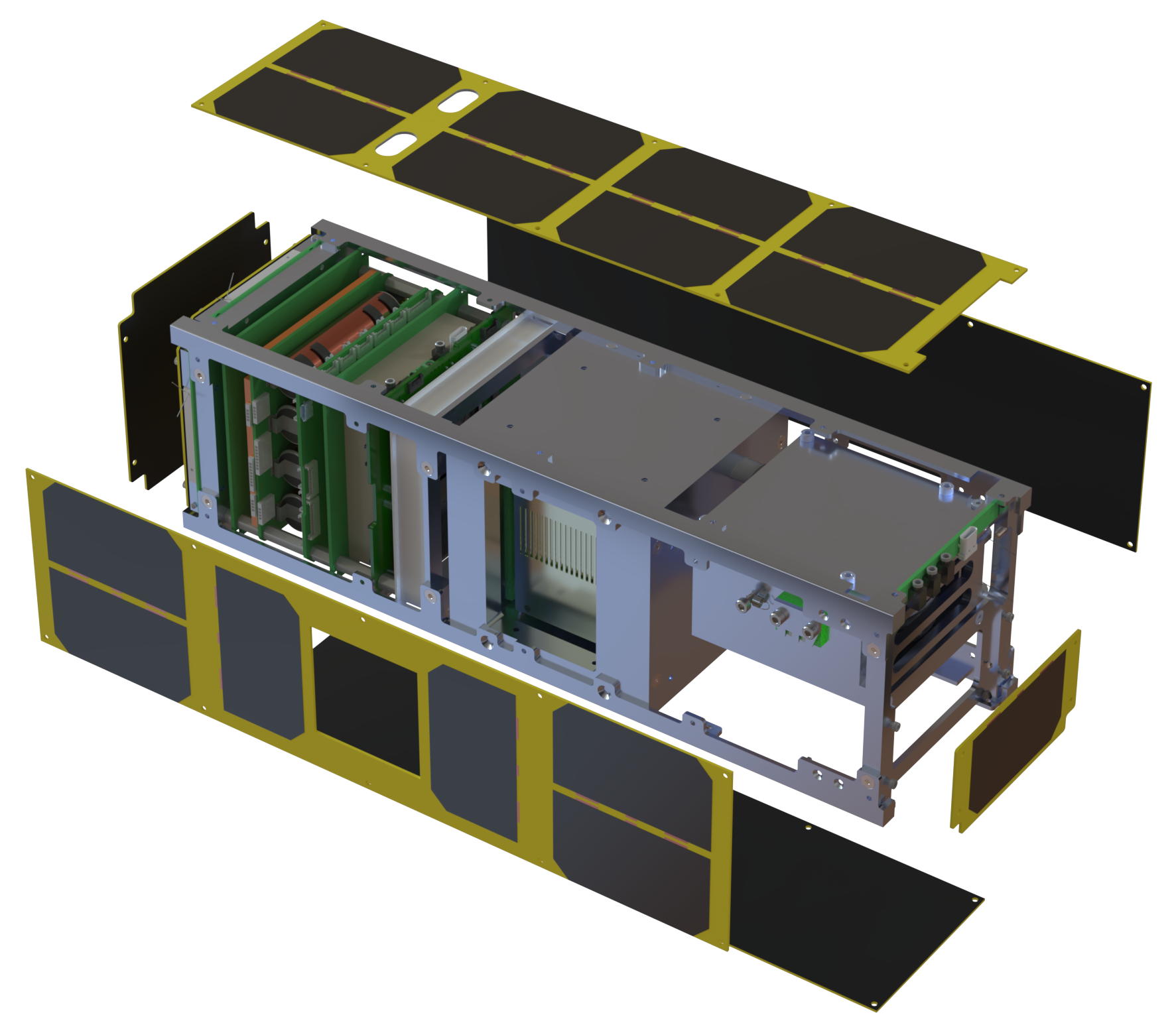 A satellite with solar panels extended on its sides and top, showing internal electronic components and circuit boards.