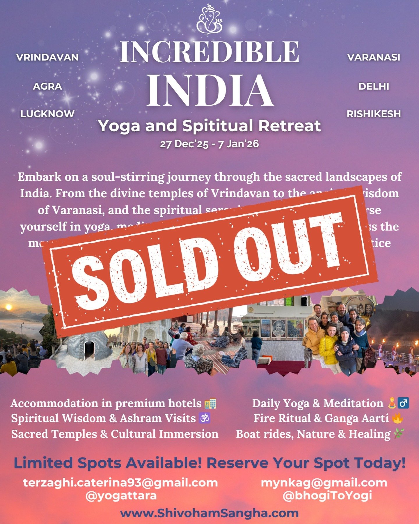✨ SOLD OUT! Thank you for the love. Another retreat is on its way stay tuned. 🔥🌿
.
.
.
.
.
#SpiritualGetaway #JourneyWithin #RejuvenateYourself #TravelInspiration #YogaRetreat #Sivananda #SivanandaAshram #Yoga #YogaTour #IndiaRetreat #ItalyRetreat 