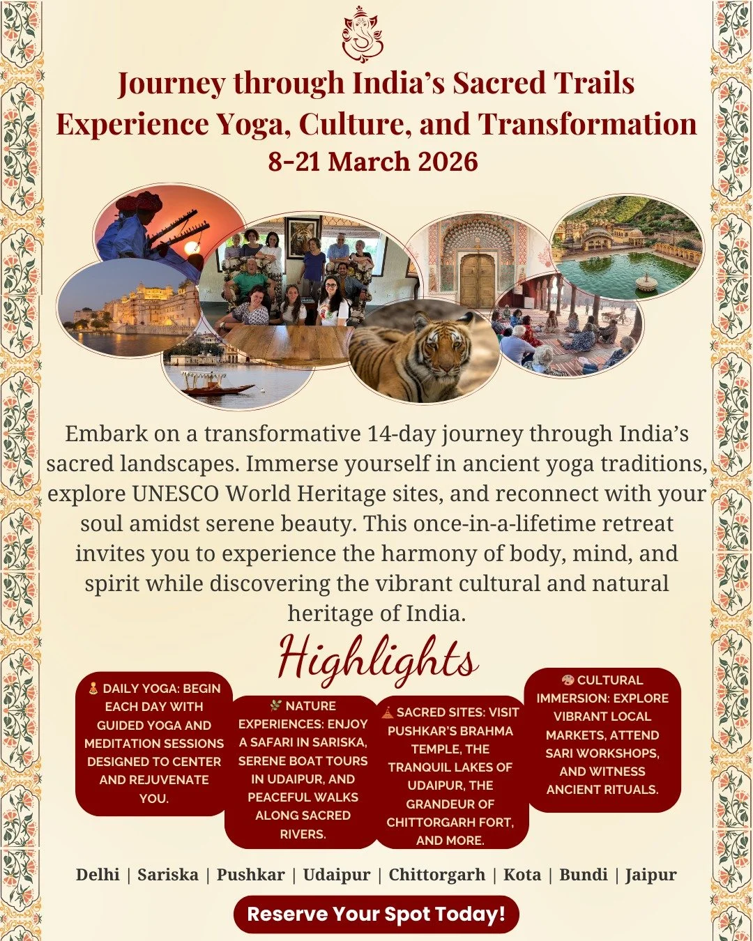 ✨ Experience the Magic of India ✨
Join us on a 14-day soulful yoga journey across North India &ndash; a unique blend of ancient wisdom, cultural immersion, and inner transformation. 🌸🕌🧘&zwj;♂️

From the sacred lakes of Pushkar, royal palace Udaipu