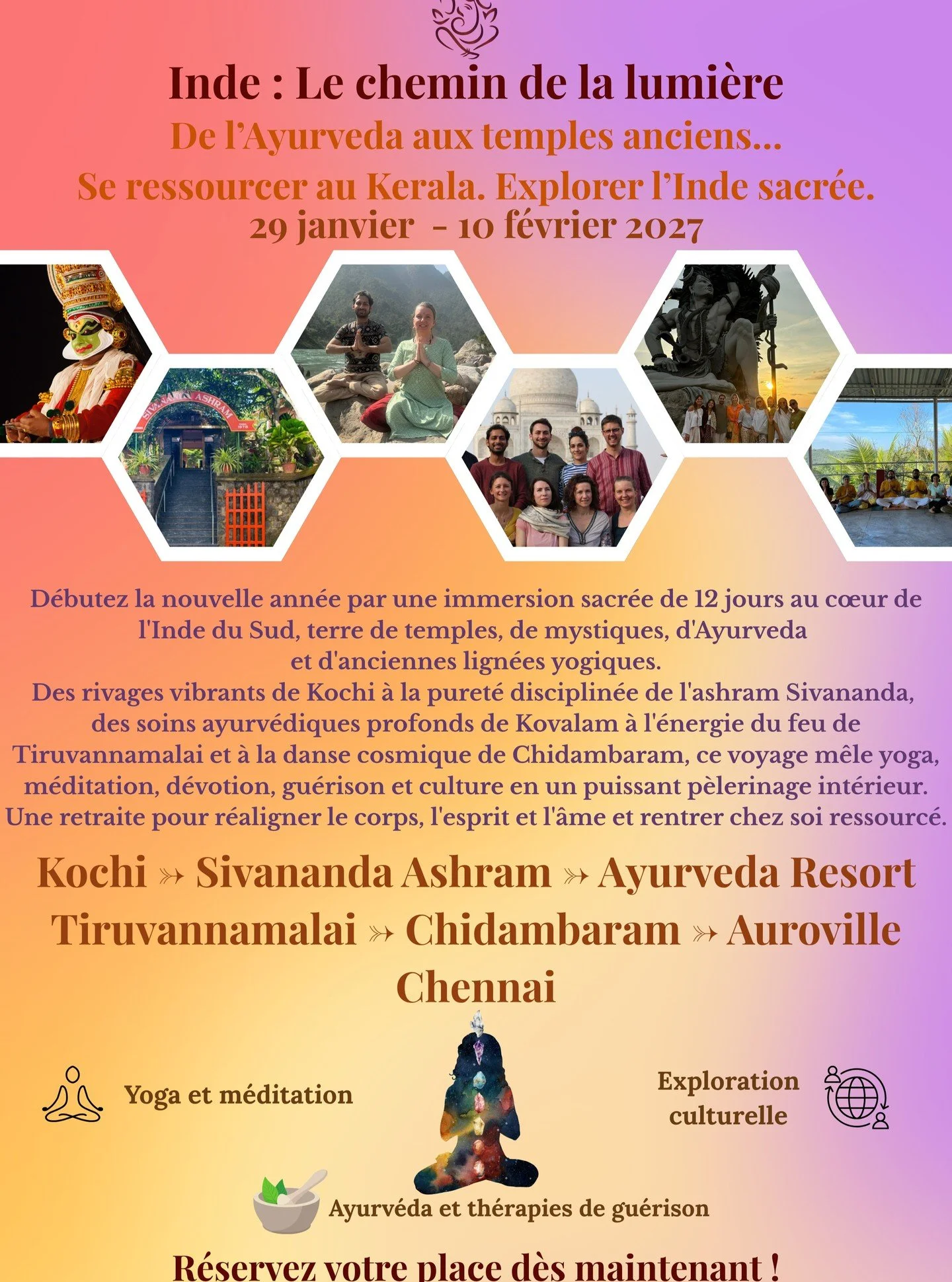 ✨ Inde : le chemin de la lumi&egrave;re ✨

Du Kerala &agrave; l&rsquo;Inde sacr&eacute;e de l&rsquo;Est&hellip;
un voyage qui se vit bien plus qu&rsquo;il ne se raconte.

Entre ashram, Ayurveda, temples anciens et nature profonde, nous traversons l&r