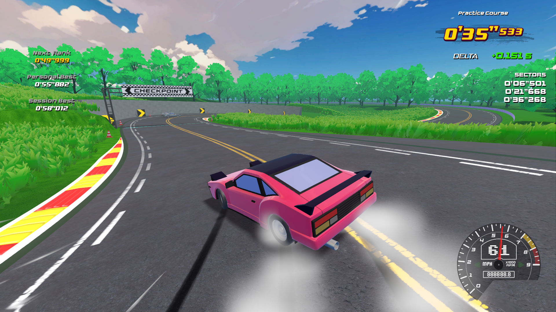 A pink sports car skids around a curve on a racing course, with a checkpoint sign and green trees in the background under a partly cloudy sky. The game interface shows lap times, speed, and other racing statistics.