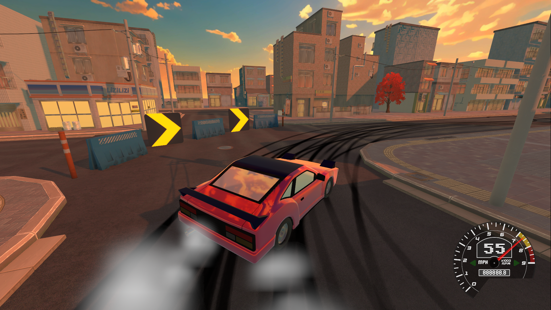 A red sports car drifting around a city corner during sunset, with black tire marks on the road and a cityscape of tall buildings in the background.