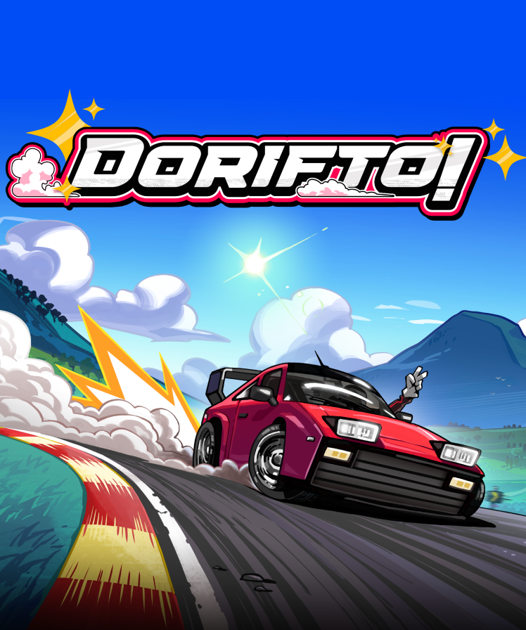 A red sports car drifting around a corner on a racetrack with mountains in the background and a blue sky. The car has a waving hand outside the window and there are stylized clouds, sparkles, and a bold "DORIFTO!" logo at the top.