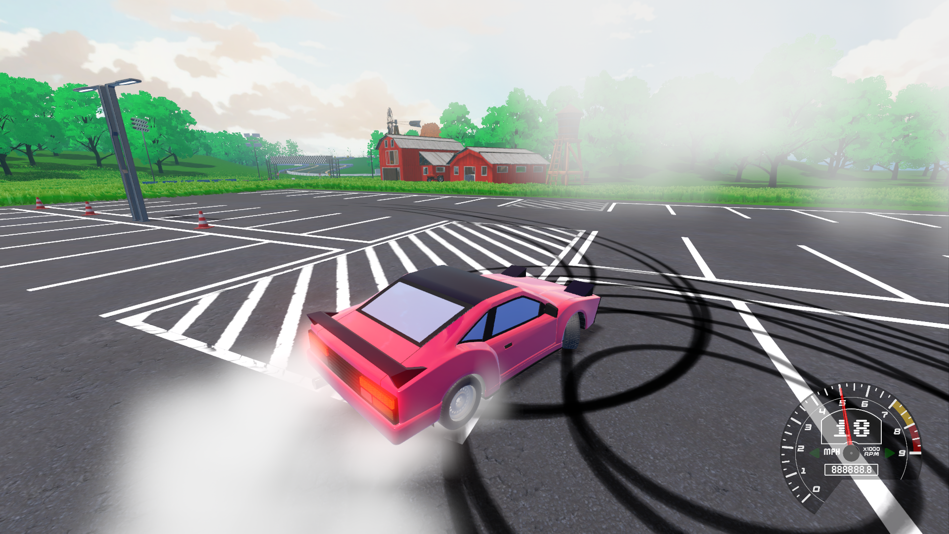 A pink sports car performing a drift in an empty parking lot, with tire smoke and racing gauges visible in the bottom right corner against a backdrop of green trees, a red barn, and a partly cloudy sky.