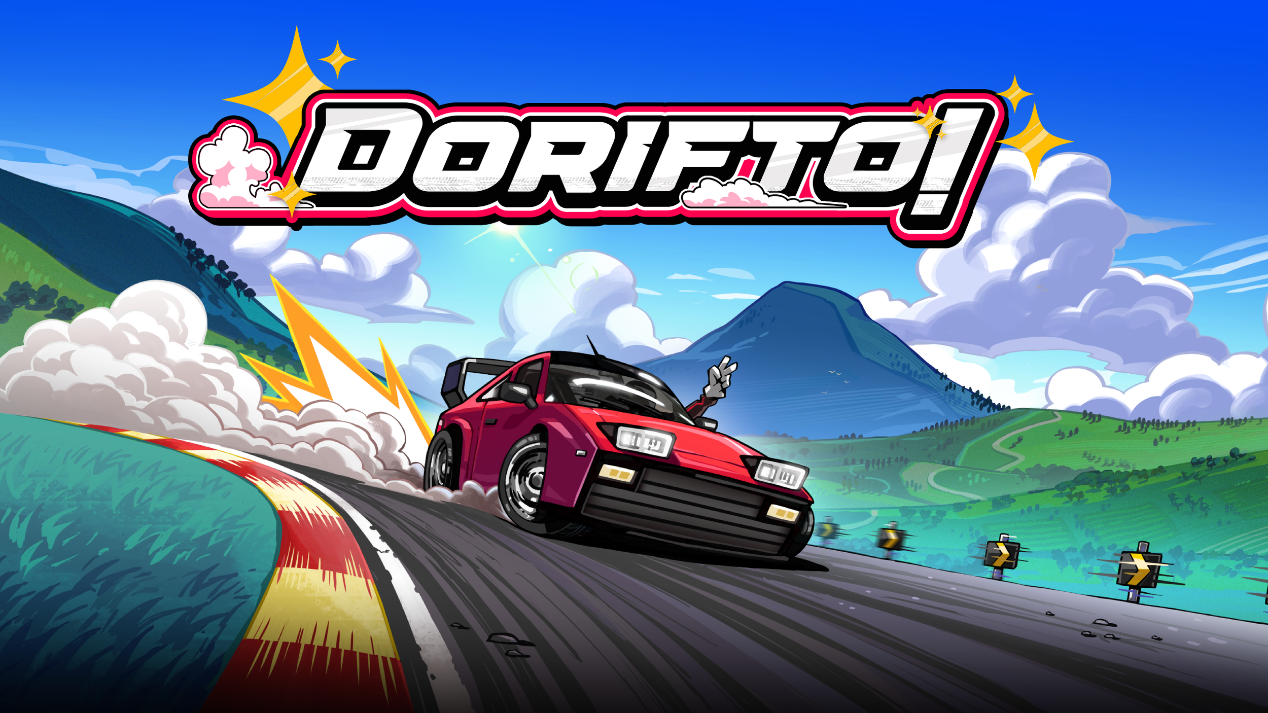 A cartoon-style racing game scene with a red sports car speeding on a mountain road, kicking up dust and smoke, with a blue sky, clouds, mountains, and green hills in the background. The game title "DORIFTO!" is displayed at the top with sparkles around it.