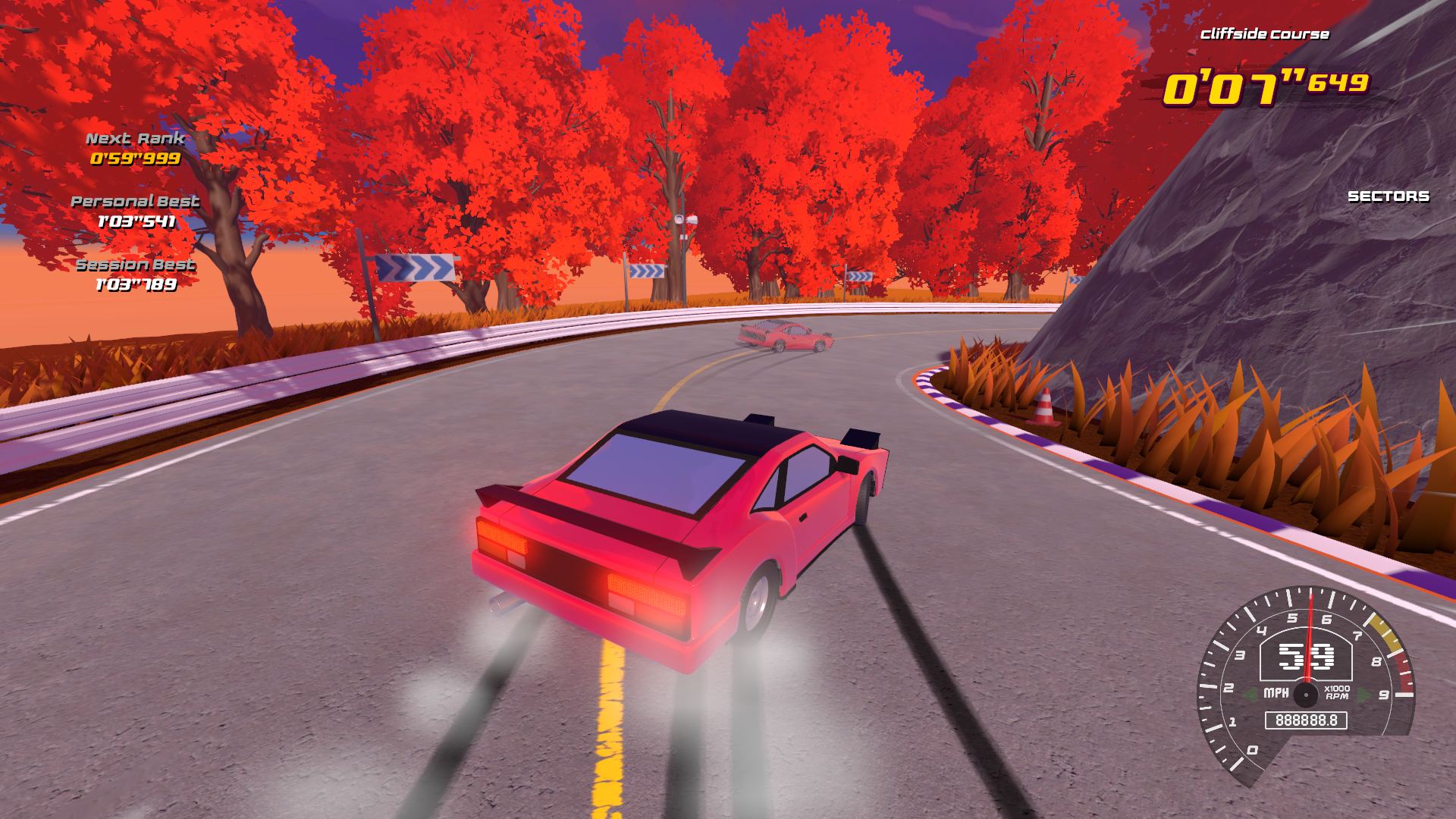 A racing video game scene featuring a pink sports car on a winding mountain road with red autumn trees, a rocky cliff, and a sunset sky in the background.