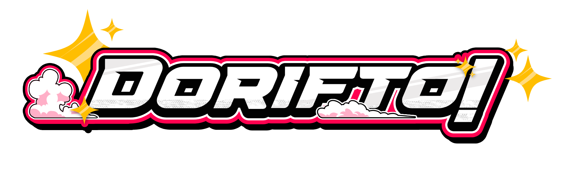 Colorful logo with the word "DORIETY!" in bold black font outlined in pink, surrounded by yellow stars, white clouds, and pink smoke.