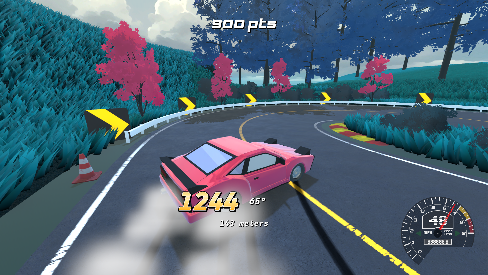 A pink sports car drifting around a bend on a mountain road with pink and blue trees on the side, yellow road markers, and an overcast sky, with a speed of 1244 mph displayed on the screen.