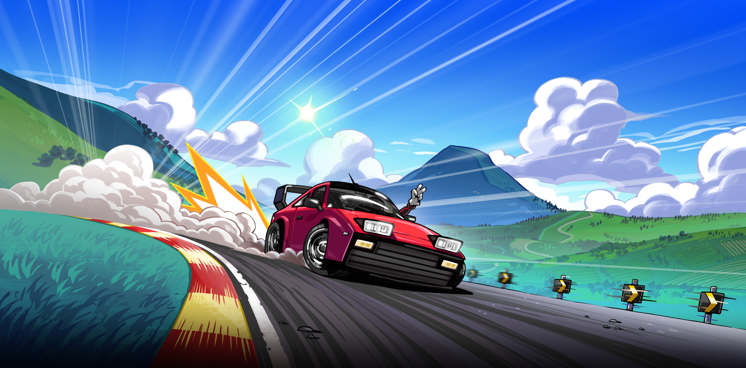 Illustration of a red sports car speeding on a mountain road with a cloud explosion behind it, mountain landscape with green hills, clouds, and blue sky with the sun shining and a star in the sky.