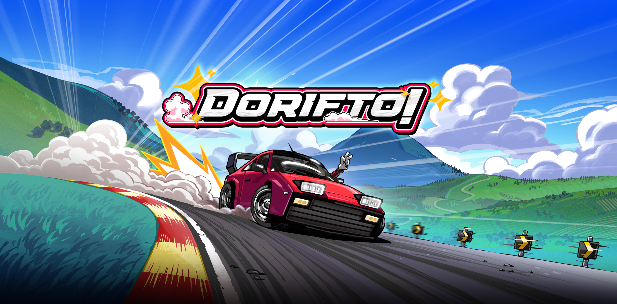 A colorful cartoon-style image of a red sports car racing on a winding track through green countryside with mountains and blue sky in the background, featuring the word "DORIFTO" in bold letters at the top.