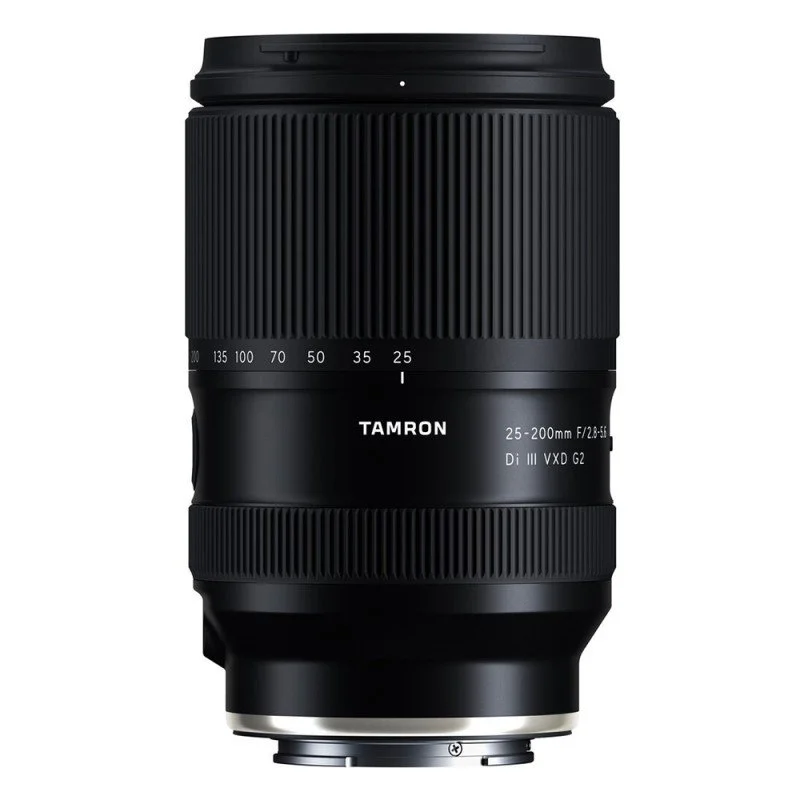 A black Tamron camera lens with a zoom range of 25-200mm and aperture f/2.8-5.6, featuring ribbed focus and zoom rings.