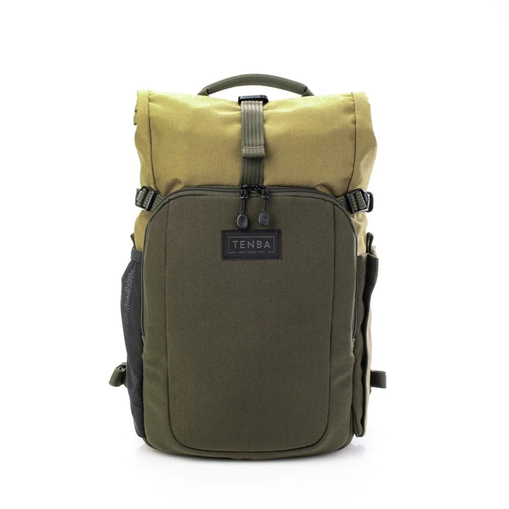 Green and khaki backpack with multiple compartments and a handle on top, branded 'TENBA'.