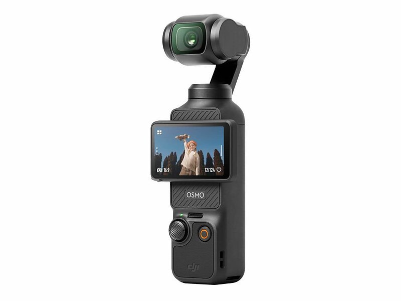 DJI Osmo Pocket handheld camera with fold-out camera lens and built-in touchscreen display showing a woman outdoors.