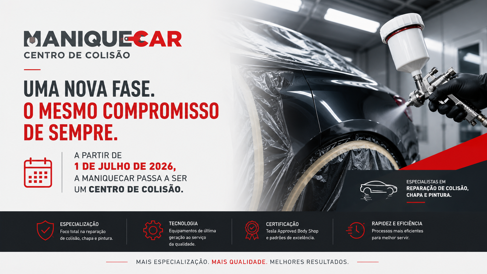 Imagem de um anúncio do Centro de Colisão Maniquecar, destacando uma nova fase a partir de 1º de julho de 2026, quando a loja passará a ser um centro de colisão. Mostra uma carroceria sendo reparada com equipamento de pintura, com informações sobre especialização, tecnologia, certificação e rapidez, além de slogans de qualidade e eficiência.