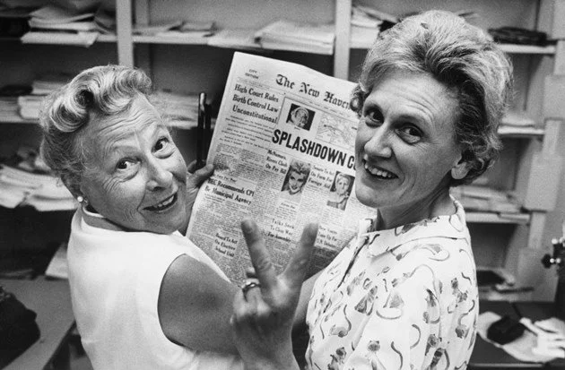 Estelle Griswold and Ernest Jahncke flash a victory sign as a result of the court's decision that Connecticut's birth control law was unconstitutional | Credit: (2015) Bettmann, Corbis, Associated Press