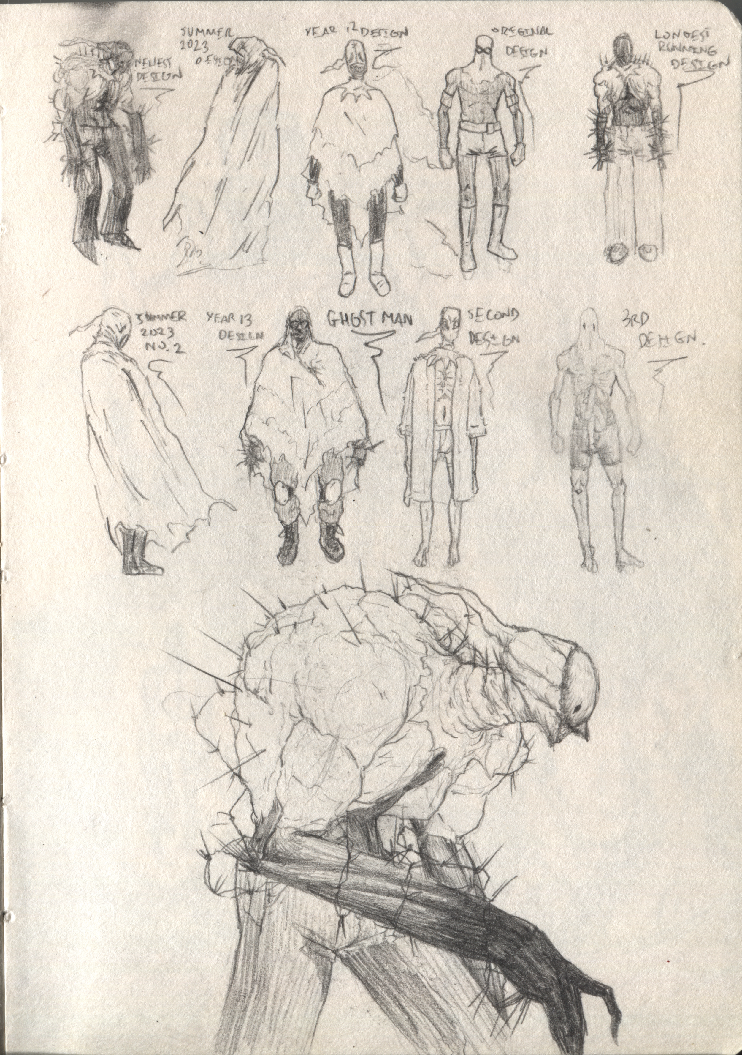 'Ghost-man' with sketches of old versions of the character since I was fourteen, 2025
