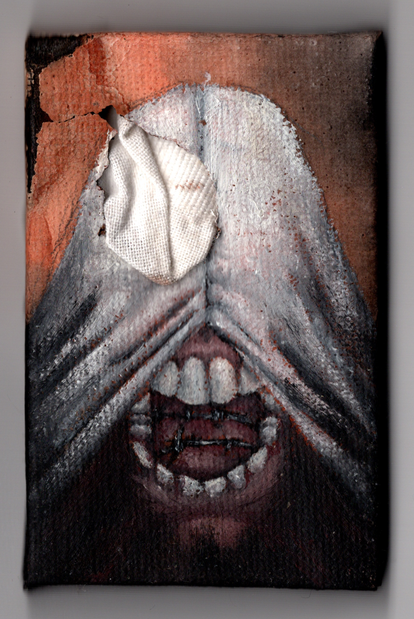 Oil on burnt canvas, with cloth, 2023