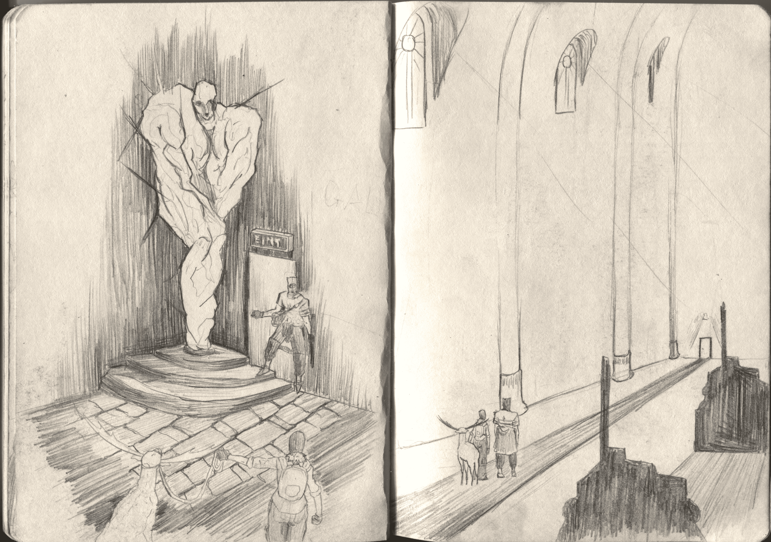 Statue and warehouse sketches
